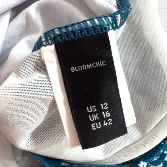 BLOOMCHIC Teal Ditsy Floral Patchwork Gathered Floral Swimsuit Swim Suit L 12 - Picture 6 of 8